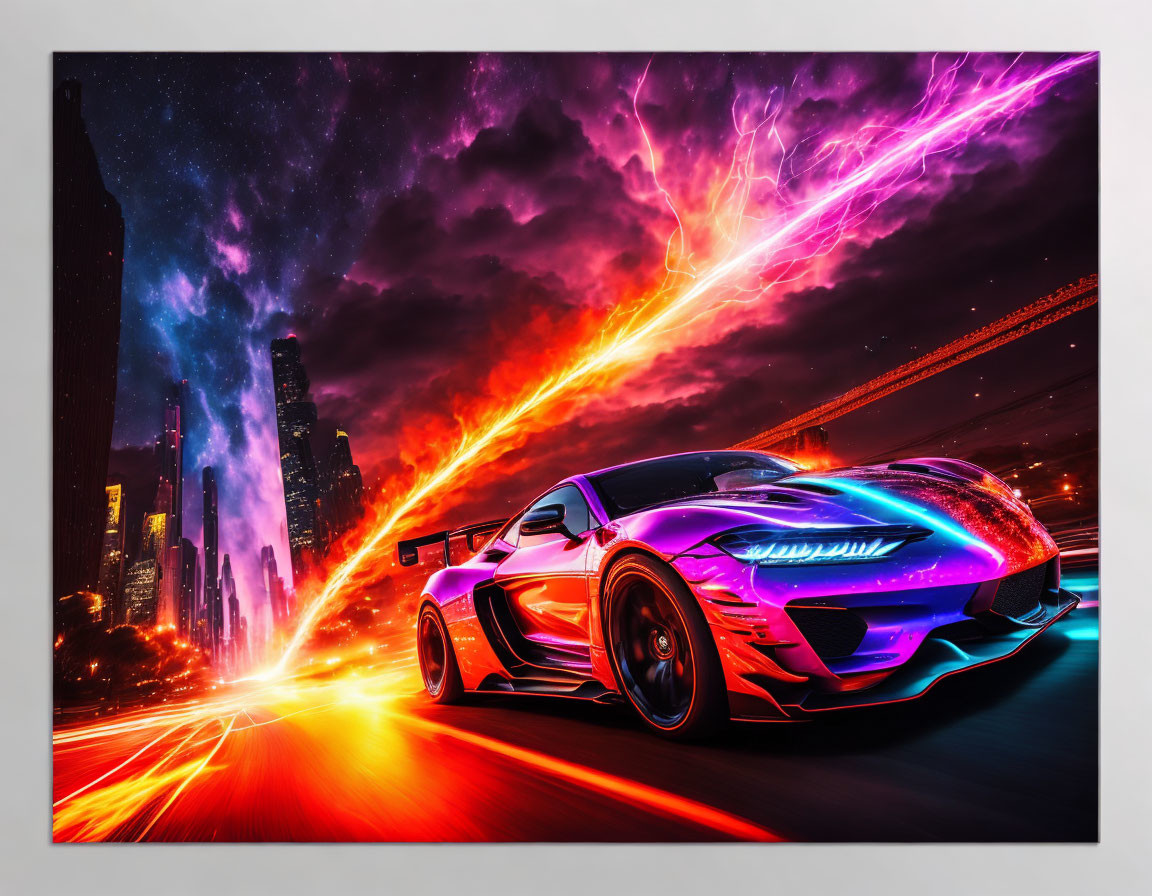 Futuristic cityscape digital artwork with speeding sports car