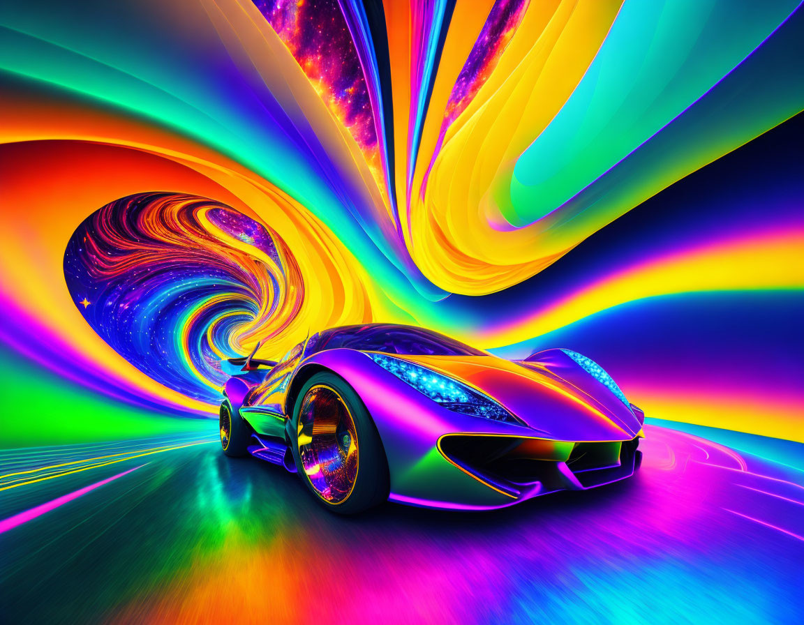 Colorful psychedelic futuristic car on rainbow road against cosmic backdrop