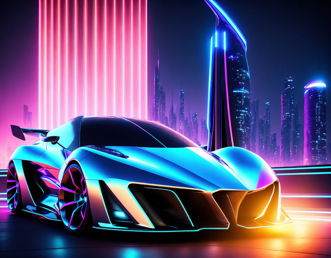 Futuristic sports car with neon accents in cyberpunk cityscape