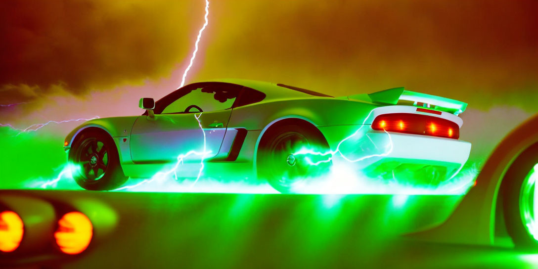 Neon-lit green sports car with white stripes and lightning backdrop