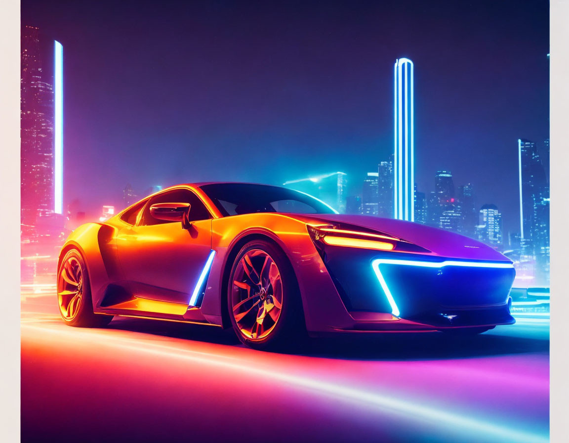 Sleek sports car with neon accents in futuristic cityscape