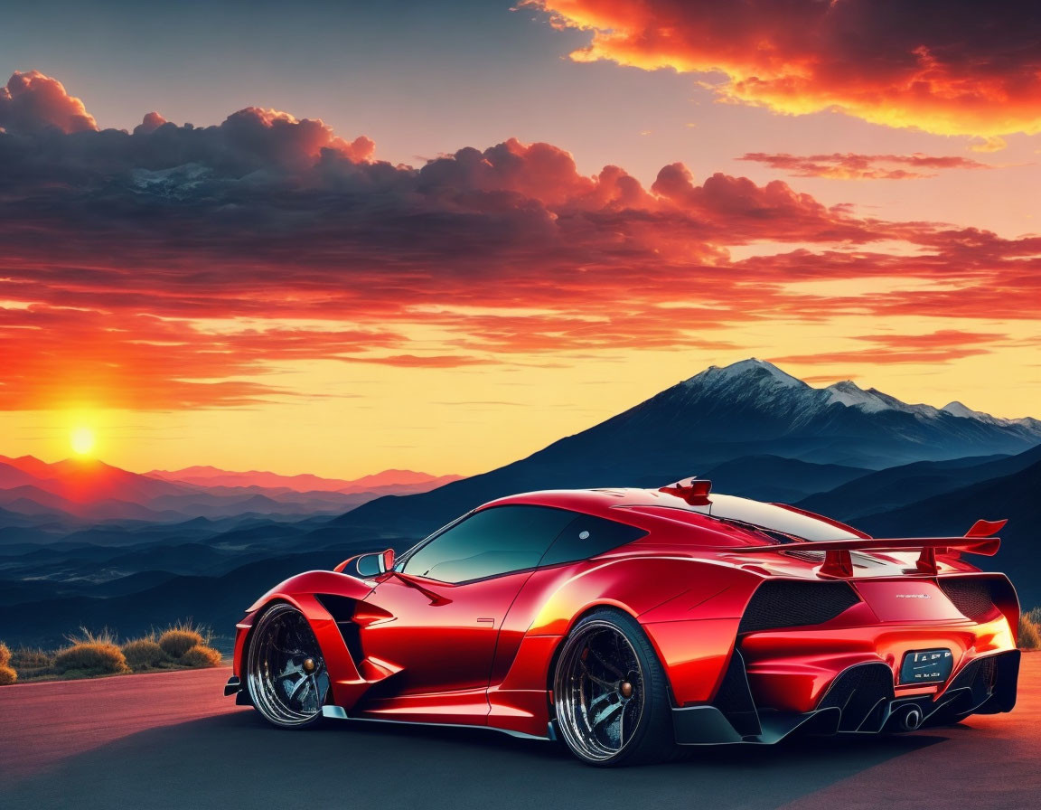 Red sports car parked on road with sunset over mountains