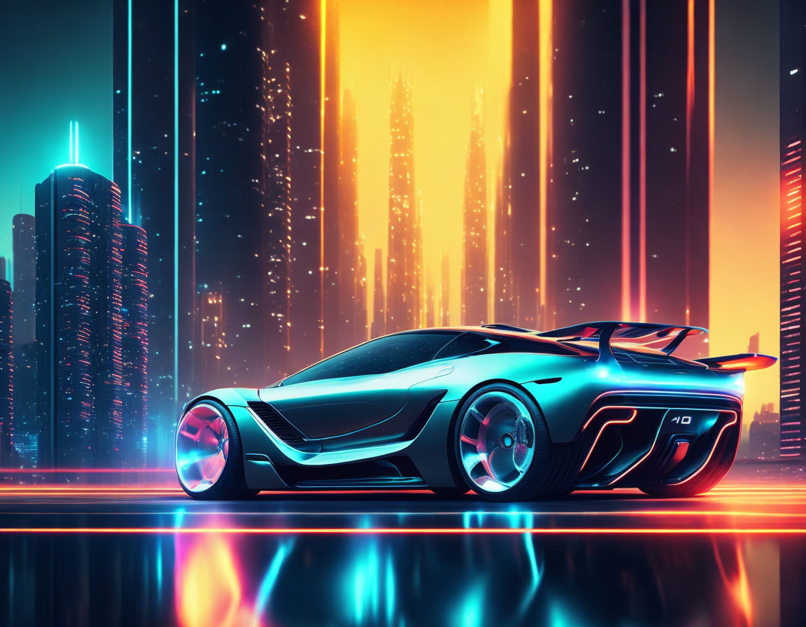 Glowing futuristic sports car on neon-lit street at dusk