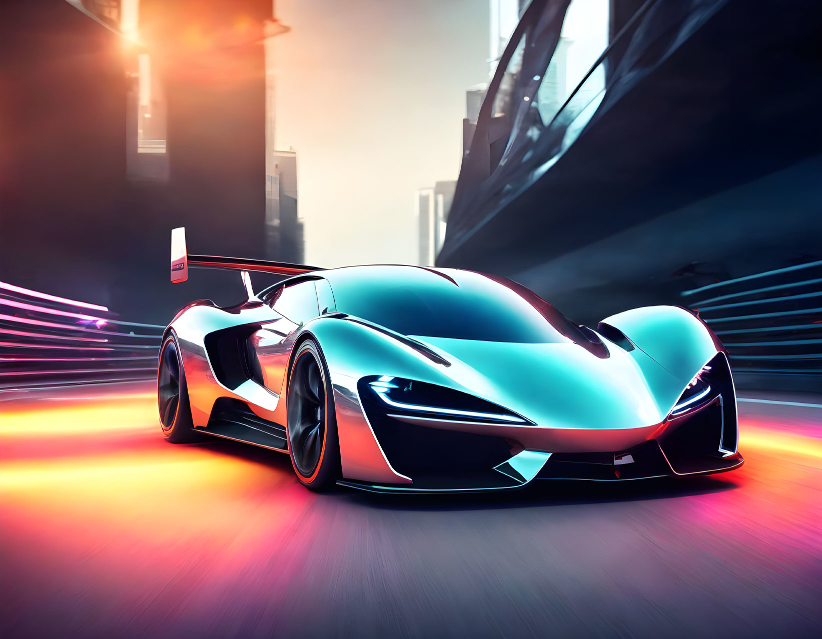 Futuristic sports car with rear spoiler in neon-lit city street