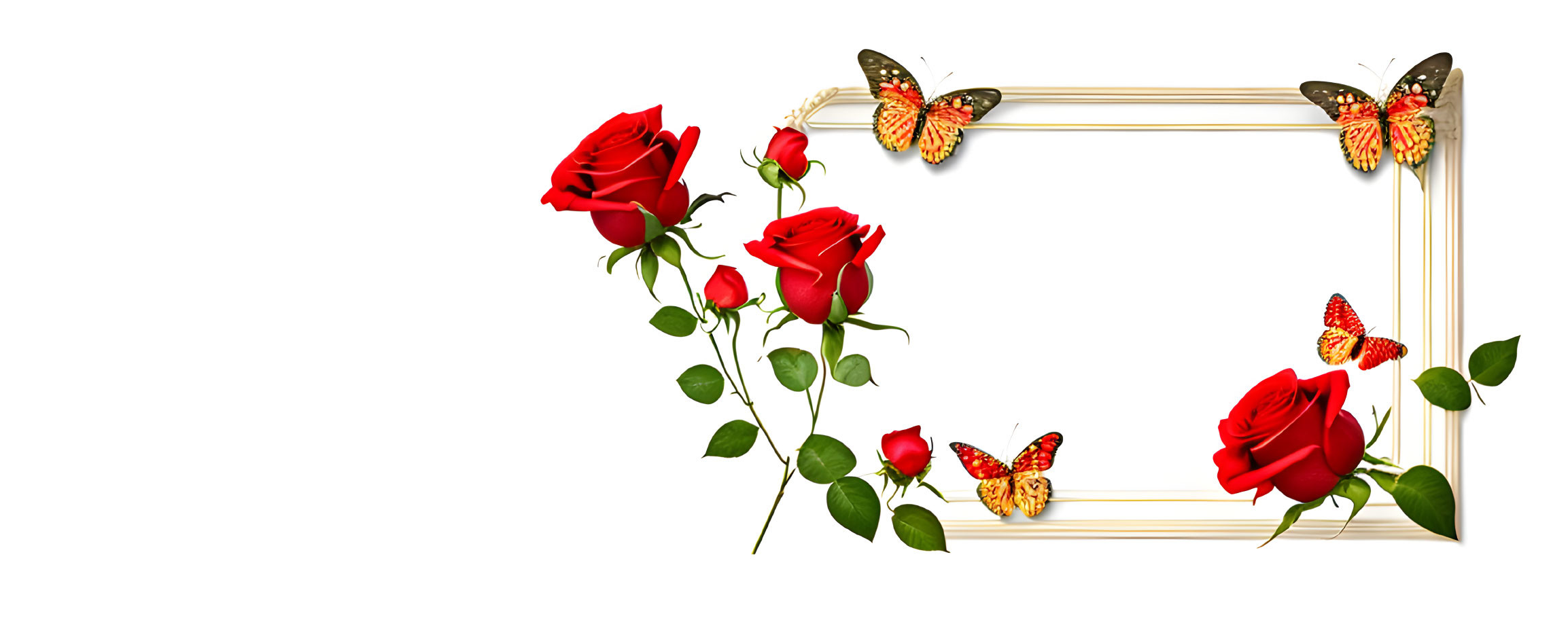 Red Roses and Butterflies Floral Frame on White Background