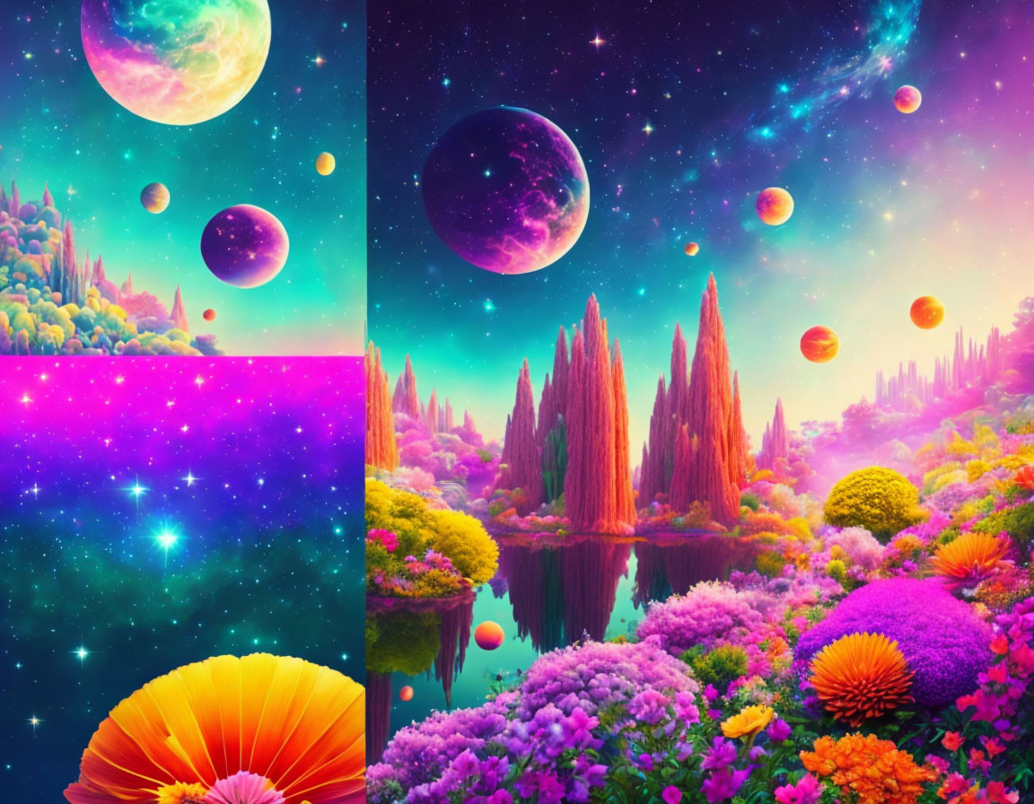 Colorful Fantasy Landscape with Celestial Bodies and Reflective Lake