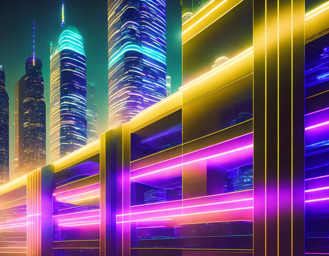 Vibrant cyberpunk cityscape with neon lights and skyscrapers