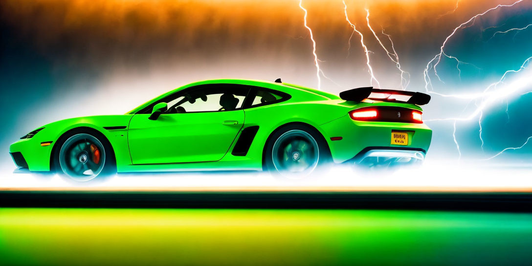 Vibrant Green Sports Car with Rear Spoiler in Motion Amid Lightning Bolts