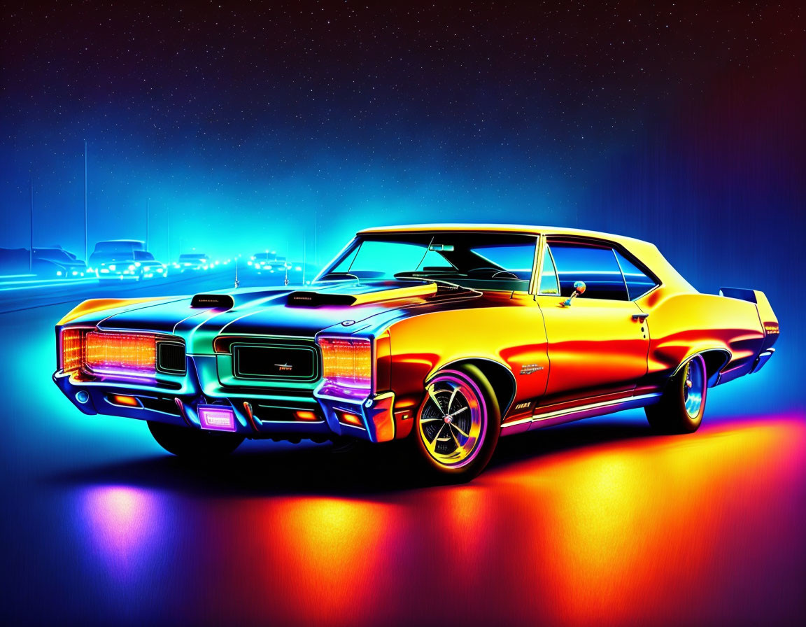 Neon-lit muscle car illustration against city lights