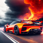 Red sports car racing on highway under fiery sky