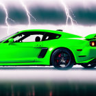 Bright Green Sports Car with Black Rims and Rear Wing on Lightning Background