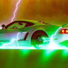 Neon-lit green sports car with white stripes and lightning backdrop