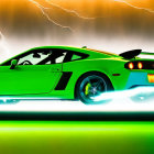 Vibrant Green Sports Car with Rear Spoiler in Motion Amid Lightning Bolts