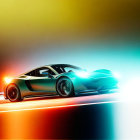 Blue sports car speeding with motion blur and neon lights reflection