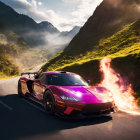 Pink sports car with rear spoiler speeding on mountain road at sunset