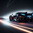 Black sports car speeding on night road with motion blur light streaks