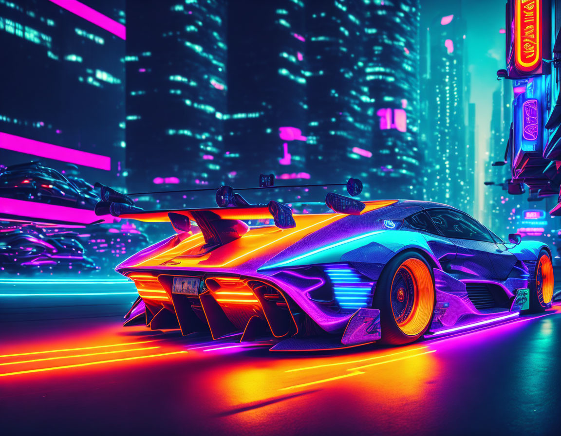 Futuristic race car in neon cyberpunk cityscape