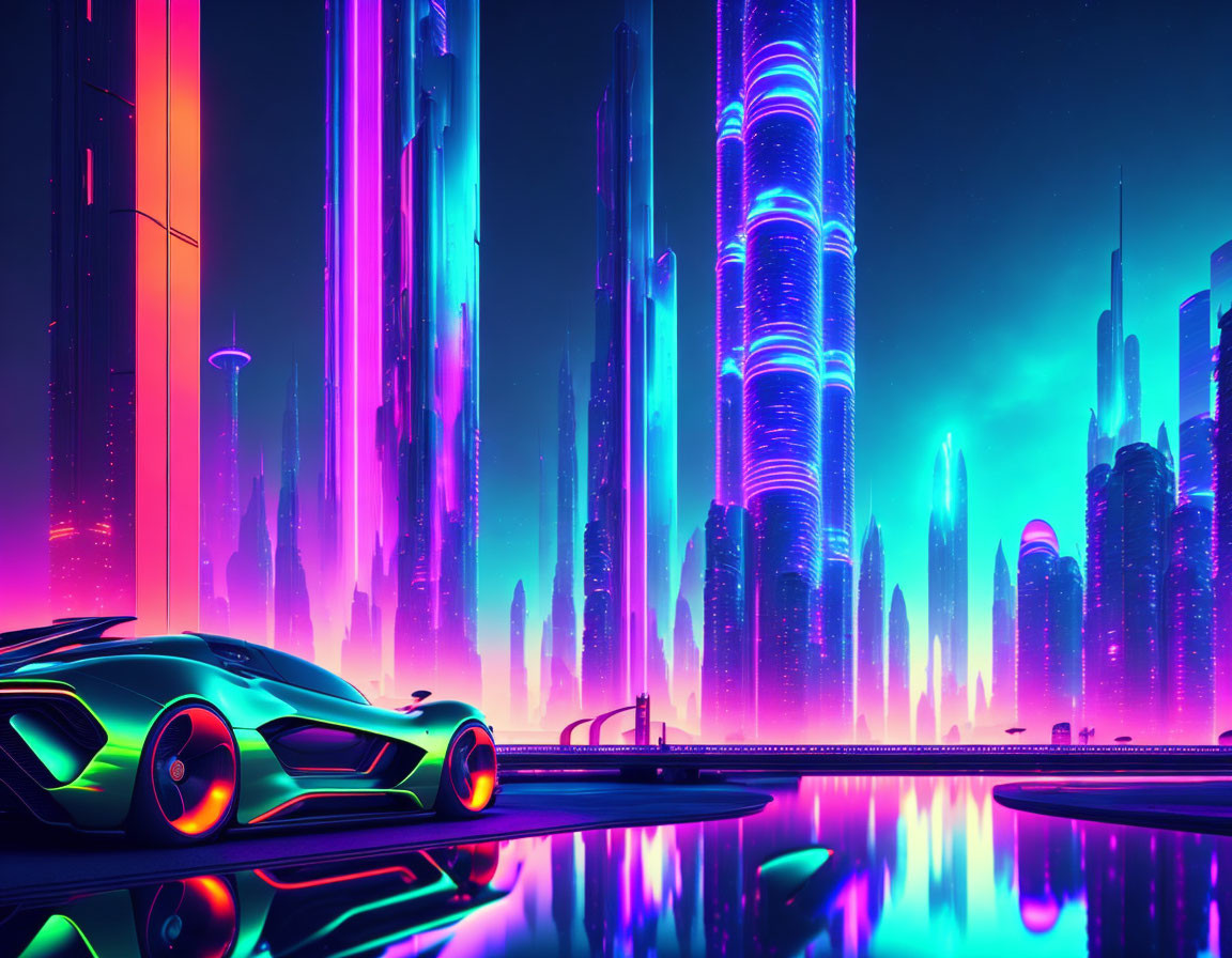 Neon-lit futuristic cityscape with glowing roads and high-tech car