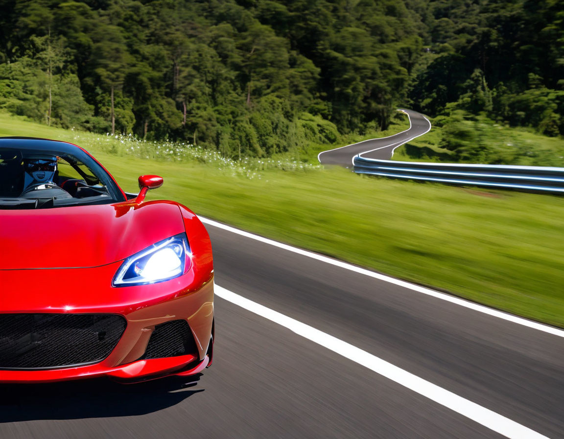 Speeding Red Sports Car on Curvy Road with Green Landscape