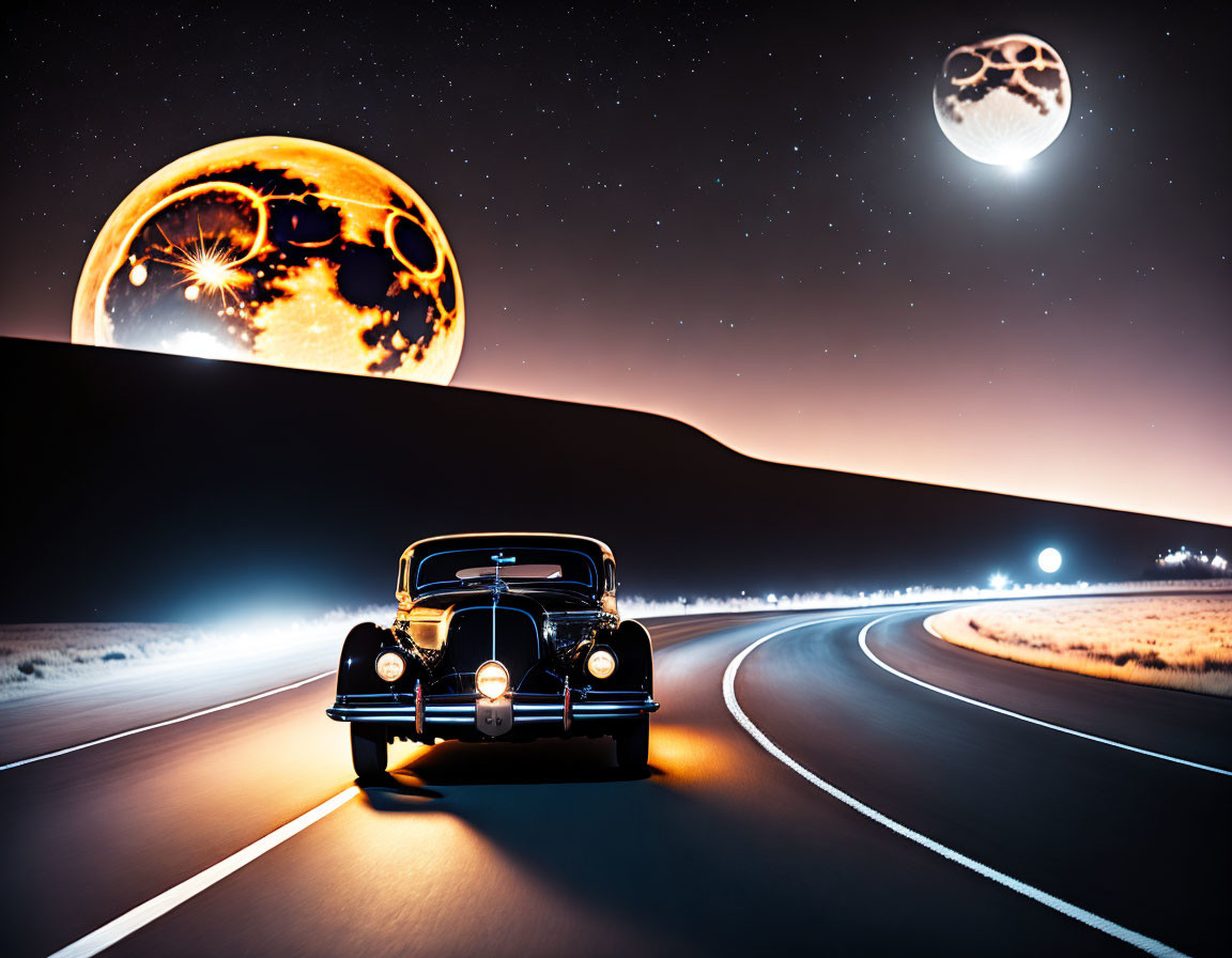 Classic car night drive under two moons in starry sky