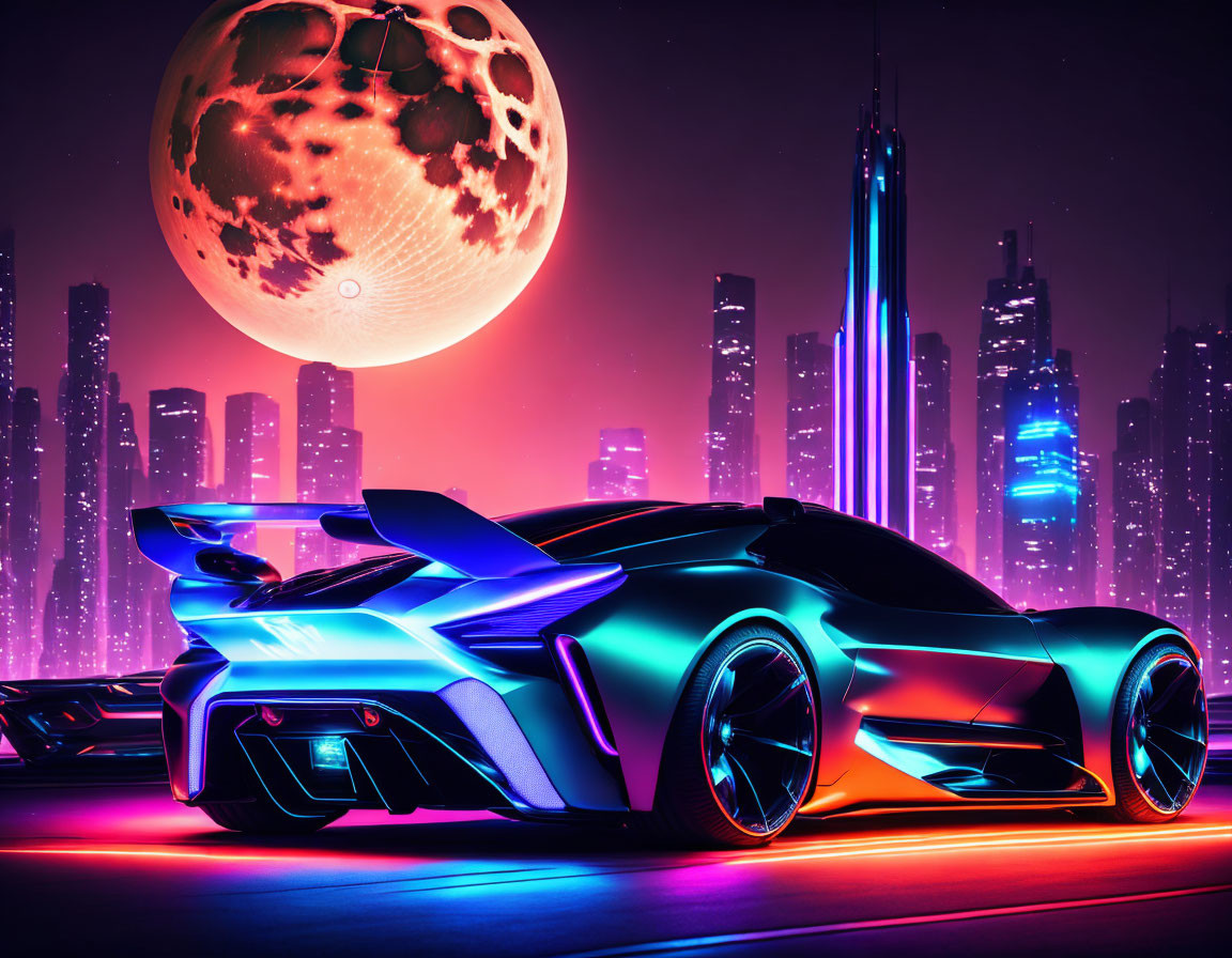 Futuristic sports car with neon lights in cityscape under pink and purple sky