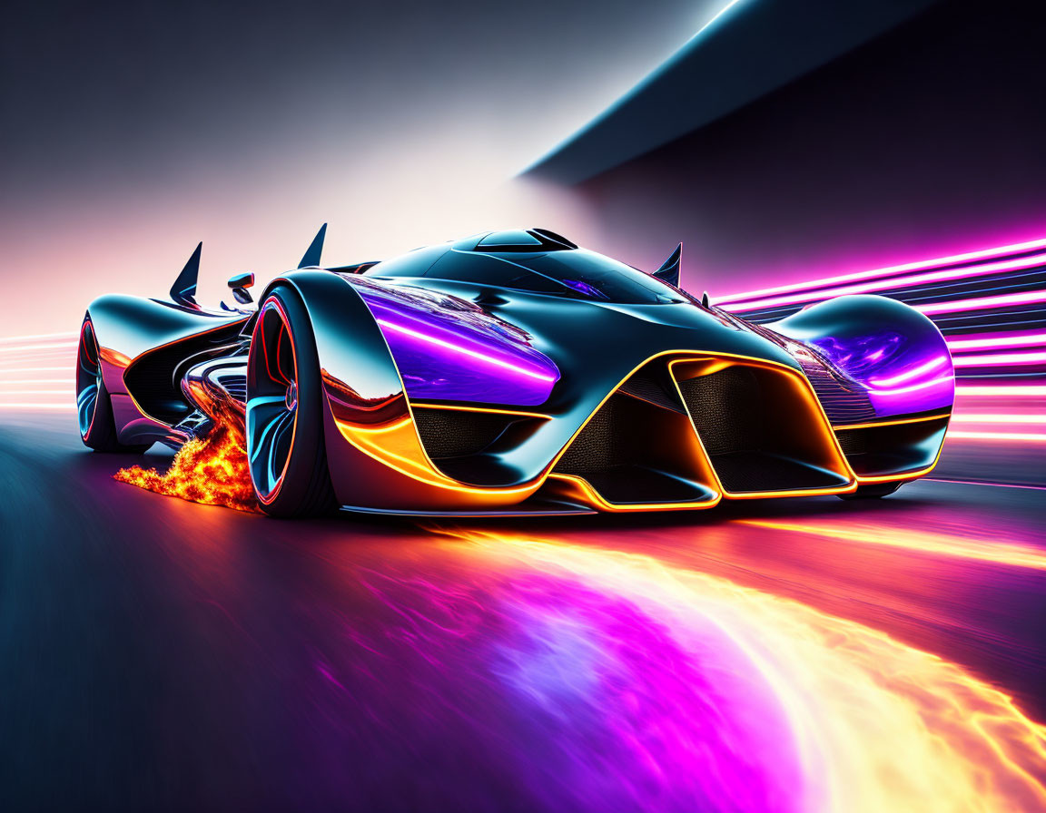 Sleek futuristic supercar with neon underglow on vibrant racetrack