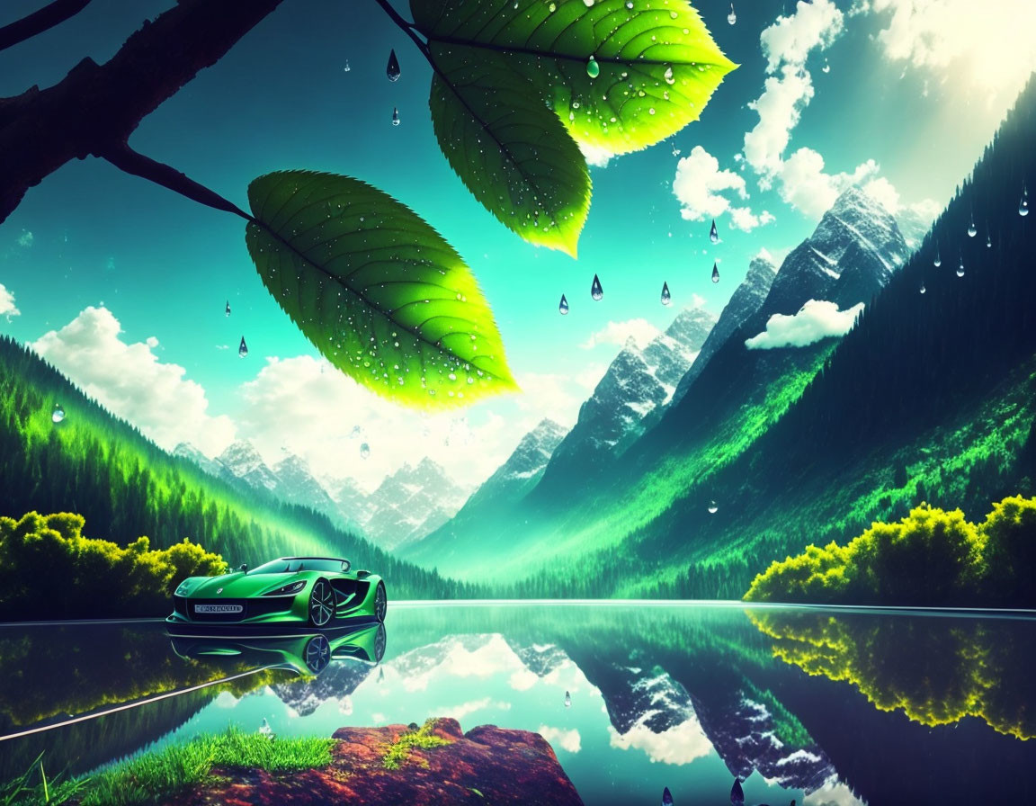 Vibrant digital art of green sports car by glassy lake