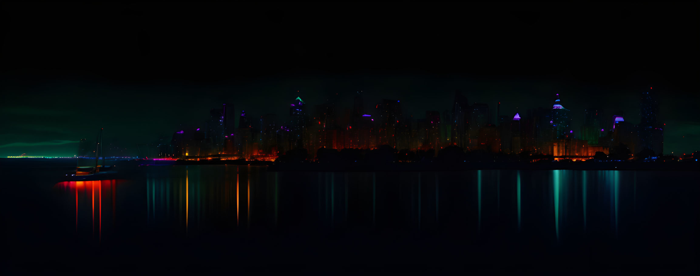 Vibrant nighttime city skyline with neon lights and skyscraper silhouettes