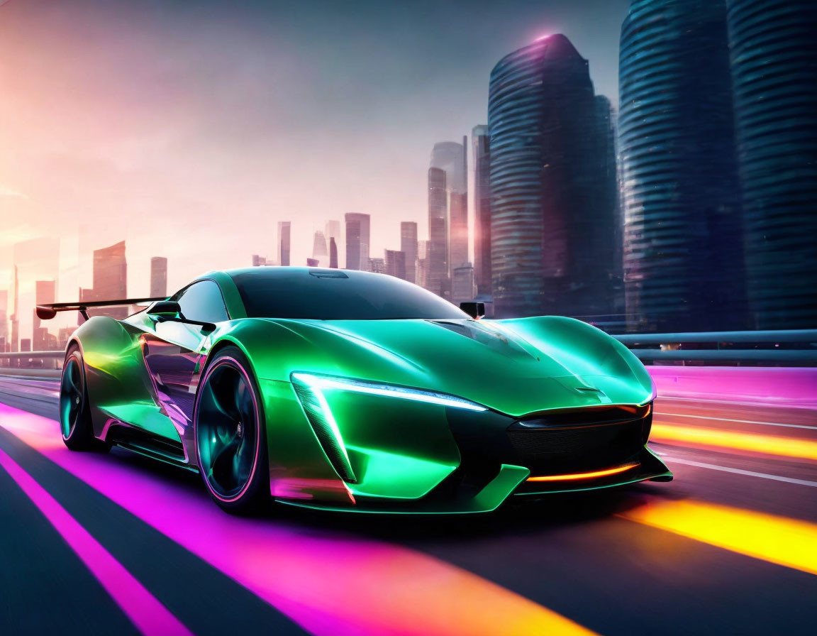 Green sports car with rear wing speeds on city bridge at dusk