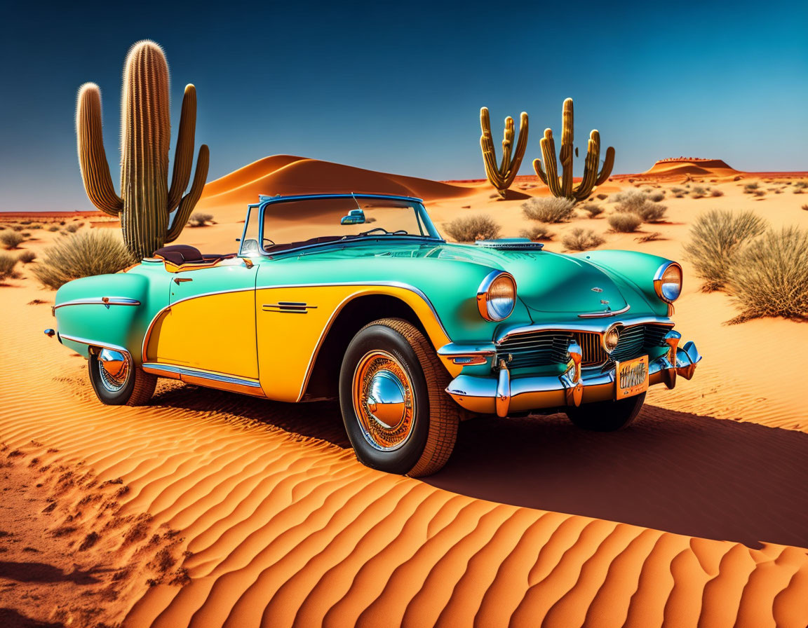 Vintage Turquoise and Yellow Car in Desert Landscape with Cacti