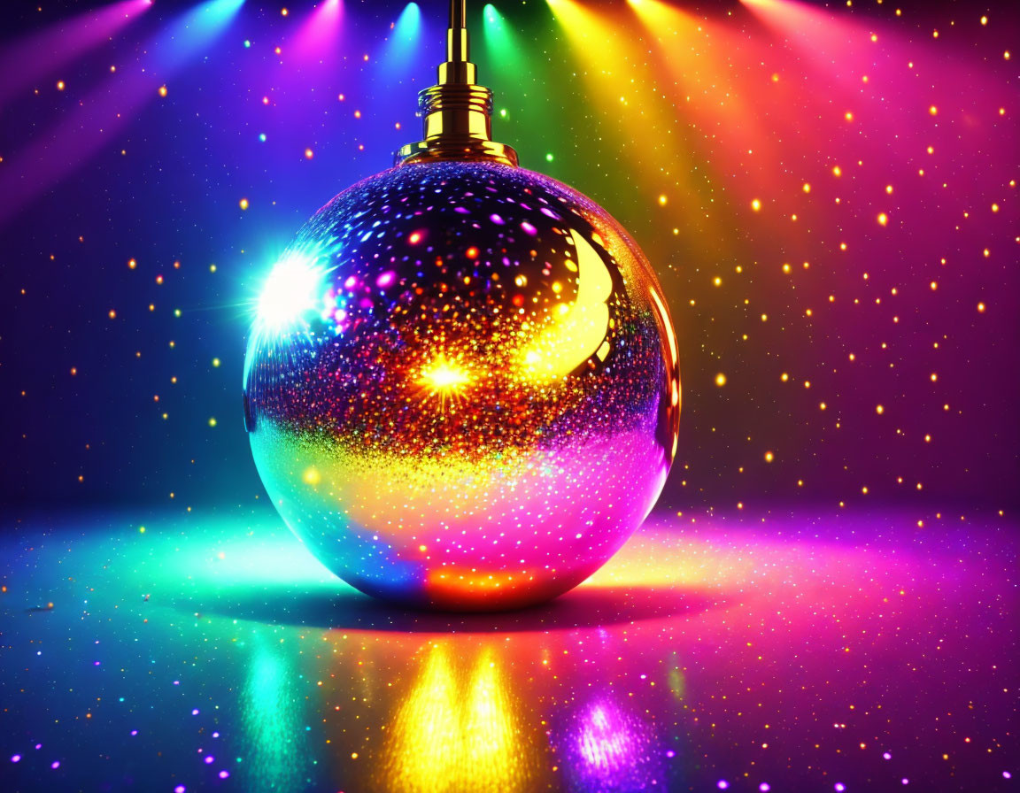 Shimmering disco ball reflects colorful light beams