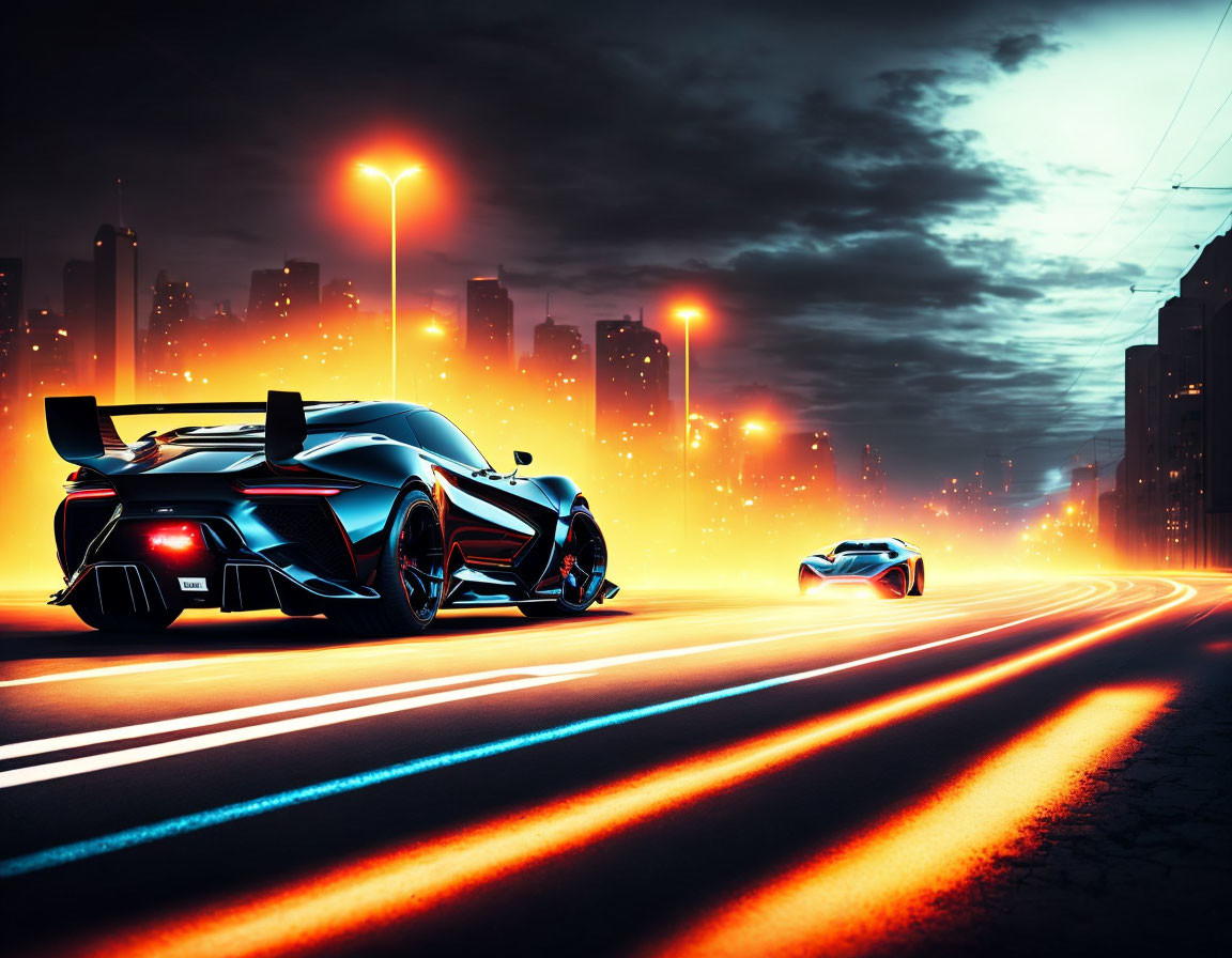 Futuristic cityscape at twilight with racing sports cars creating light trails