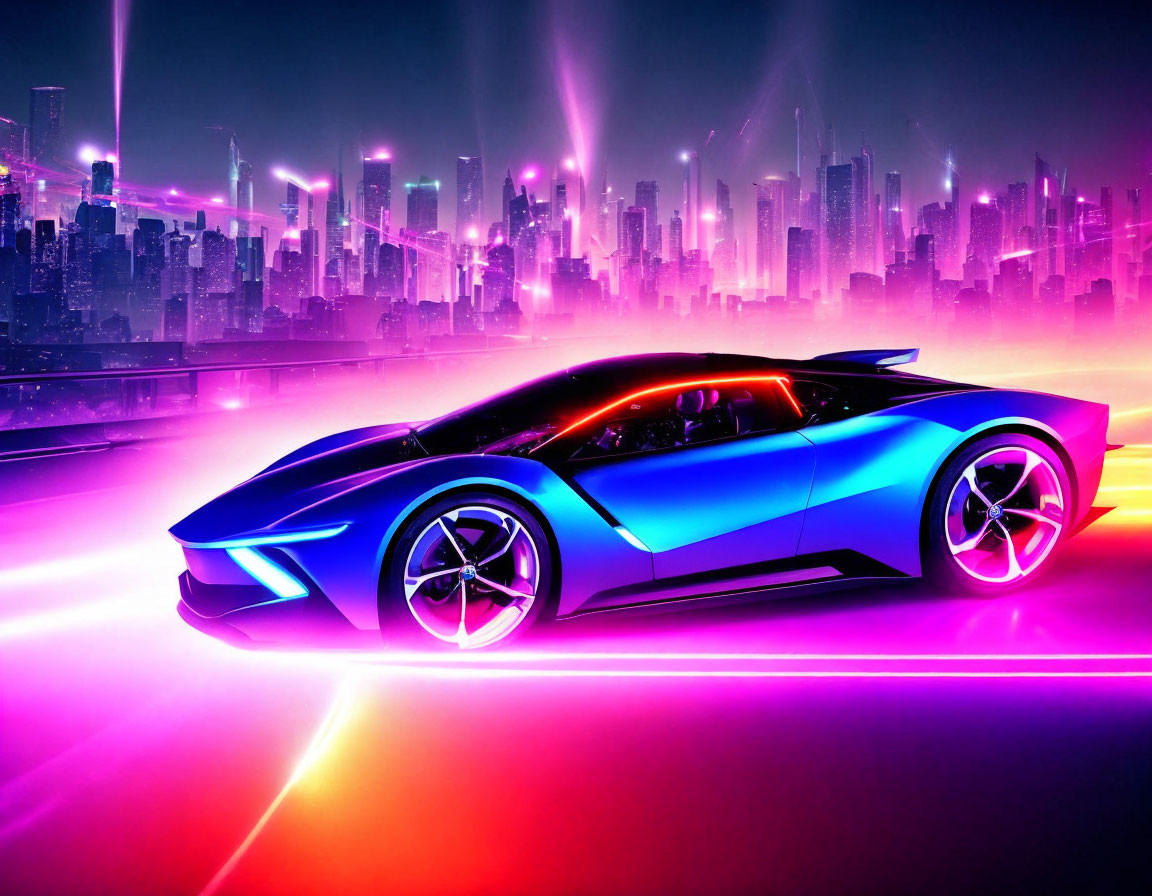 Futuristic blue sports car in neon-lit cityscape at night