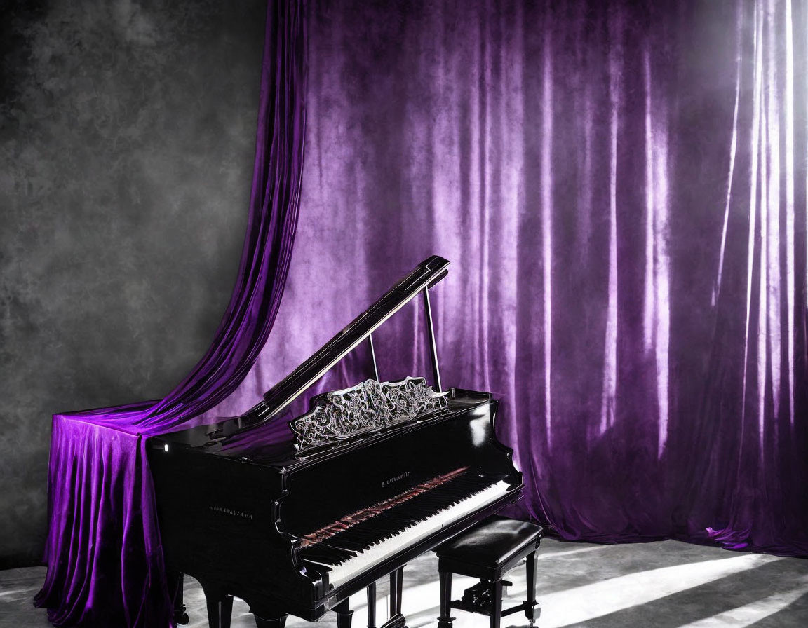 Luxurious Grand Piano Before Purple Draped Curtain