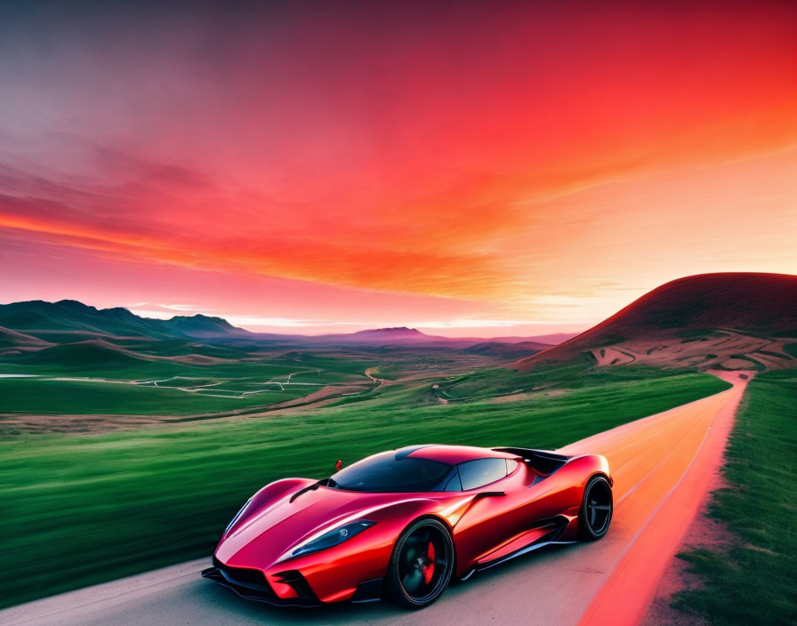 Red sports car racing through green hills at sunset