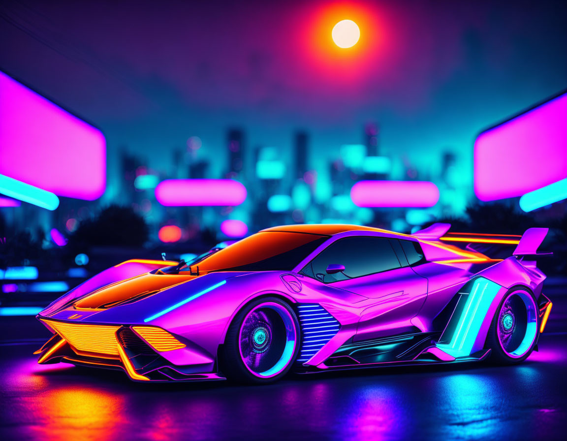 Vibrant neon-lit cityscape with colorful sports car at dusk