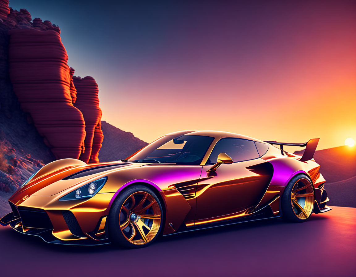 Black sports car with gold accents in desert sunset landscape