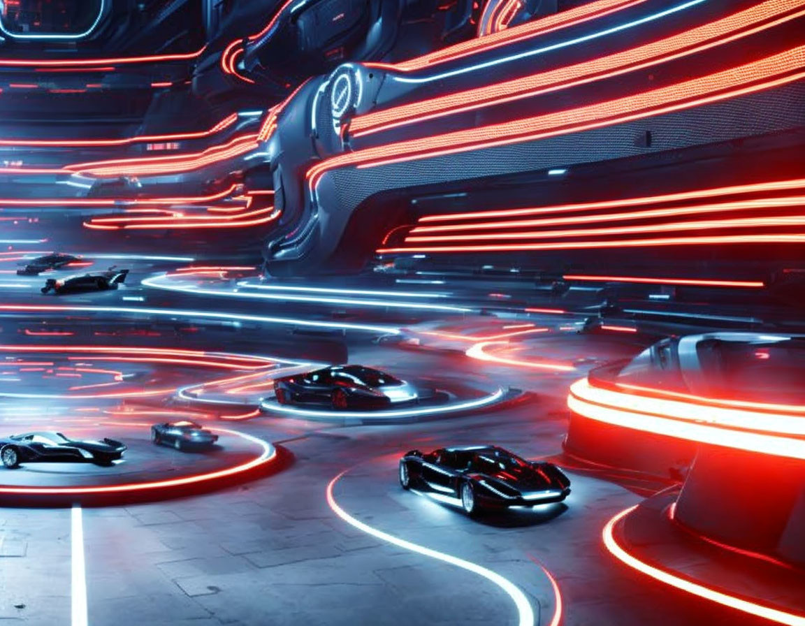 Futuristic parking garage with red neon lights and sleek cars on rotating platforms