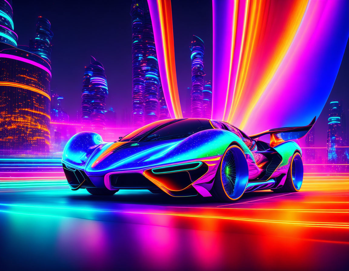 Futuristic sports car in neon-lit city with vibrant skyscrapers