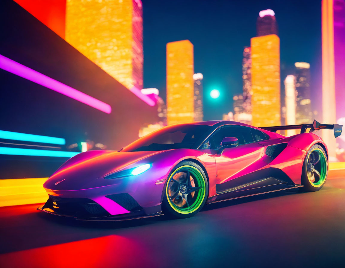 Neon-lit sports car on urban street at night