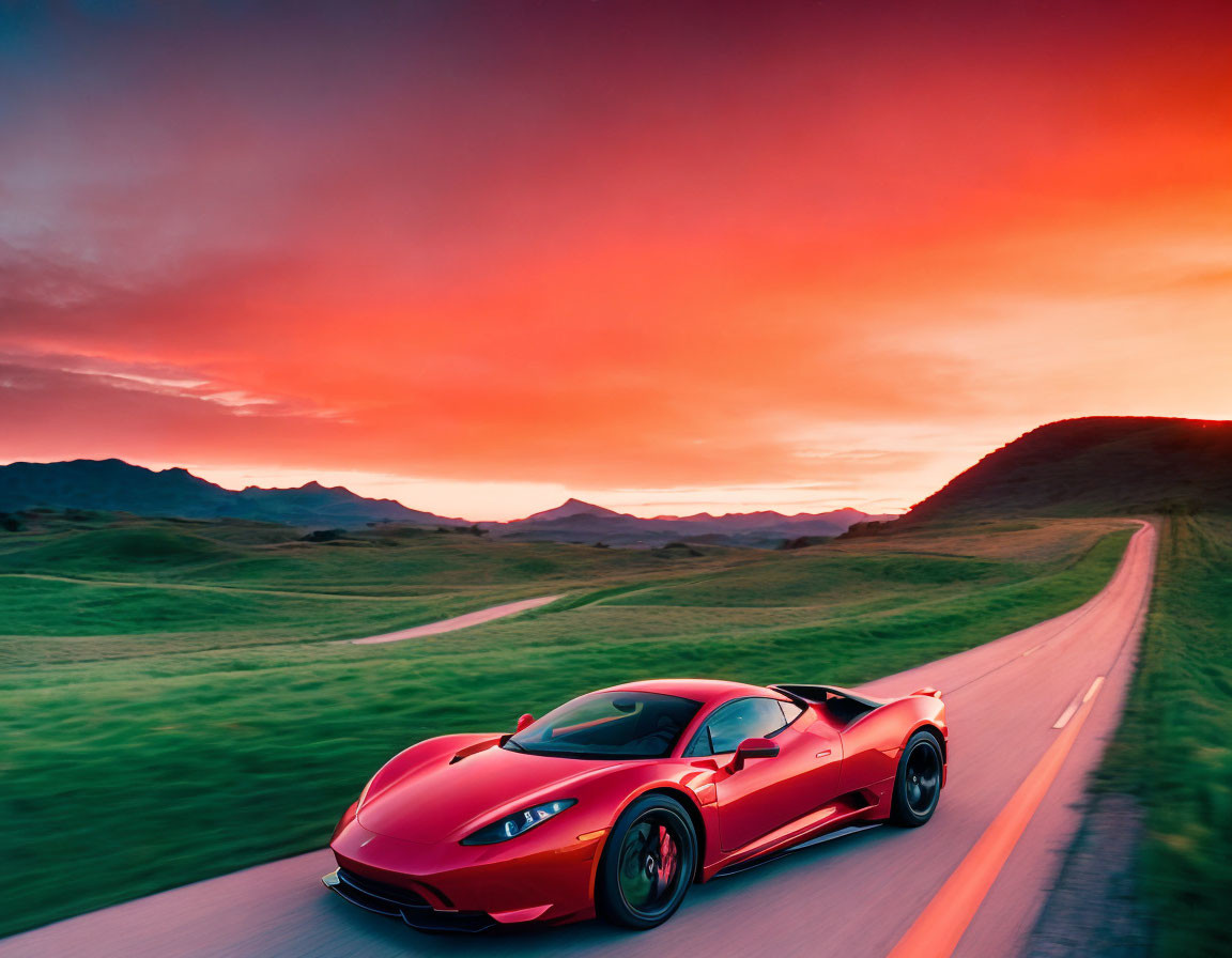 Red sports car driving on road through rolling hills at sunset