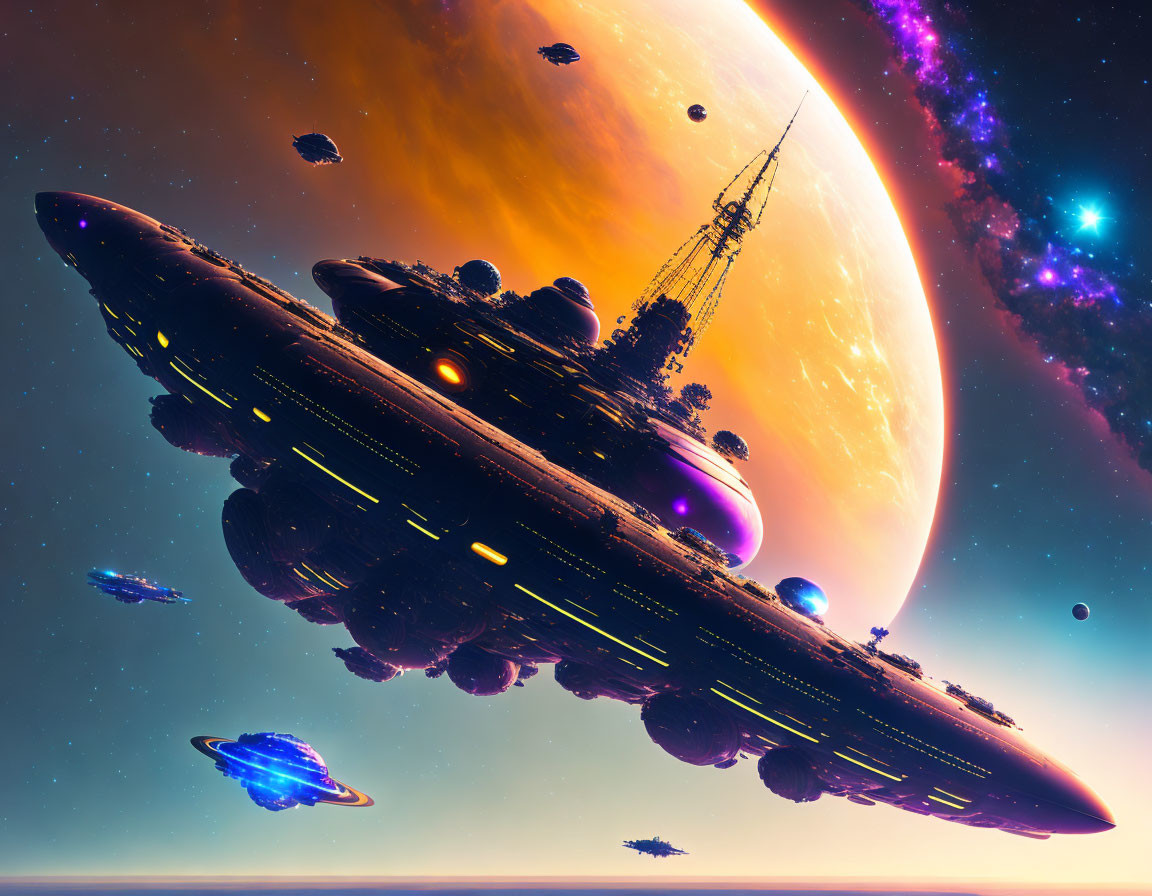 Futuristic spaceship flying near giant orange planet