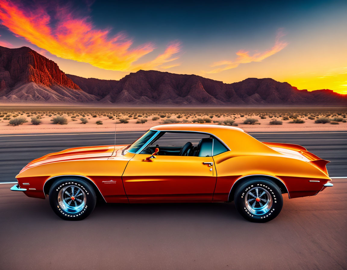 Vintage orange muscle car driving on desert road at sunset