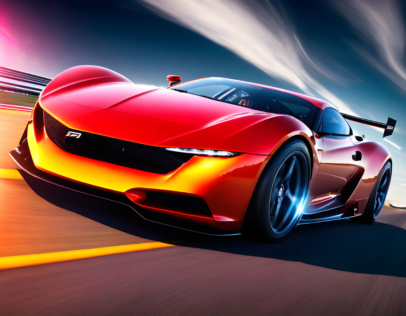 Red sports car racing on track with motion blur against sunset sky