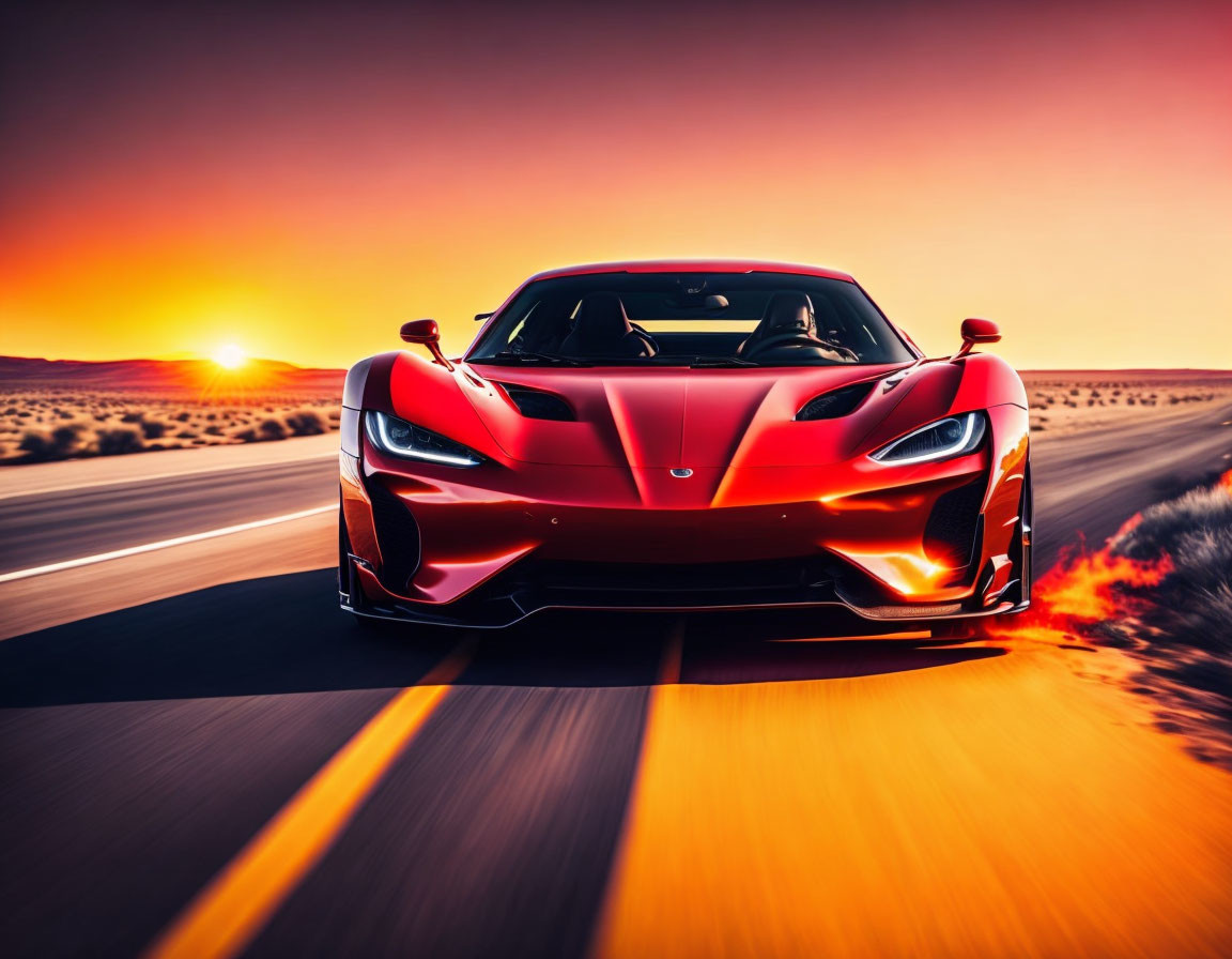 Speeding Red Sports Car on Desert Road at Sunset