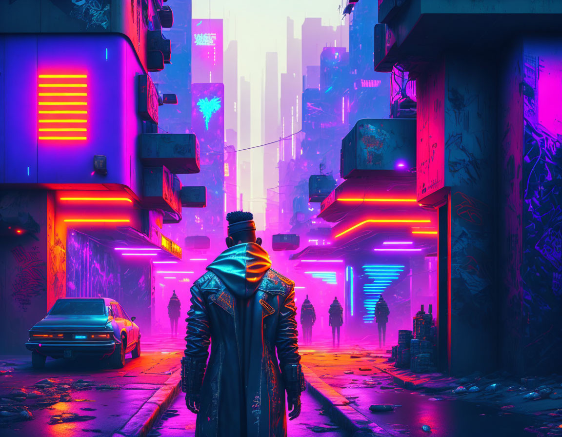 Futuristic cityscape with neon lights, silhouettes, and flying cars