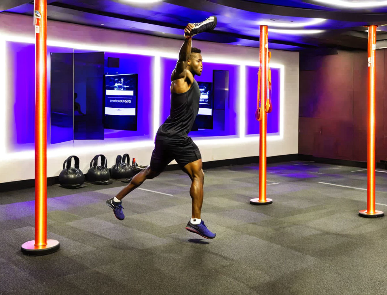 Man doing battle rope exercise in modern gym with neon lights