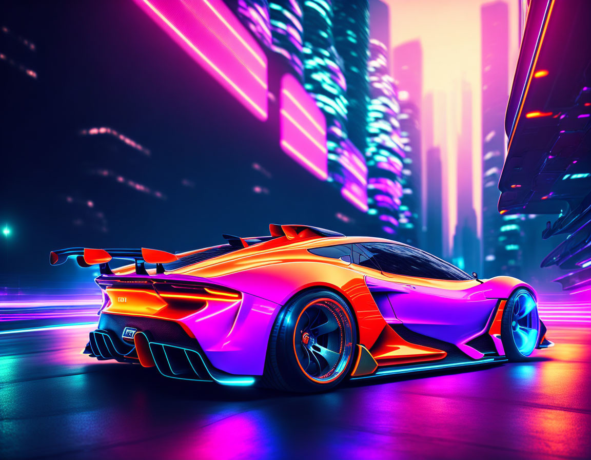 Orange and Purple Sports Car in Futuristic City Setting at Twilight