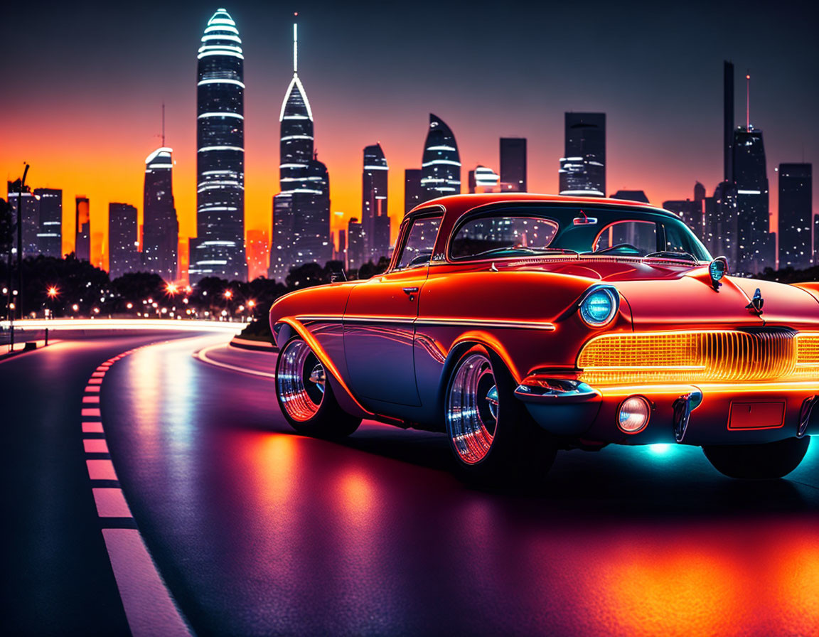 Red classic car parked on urban road at dusk with illuminated skyscrapers and gradient sky