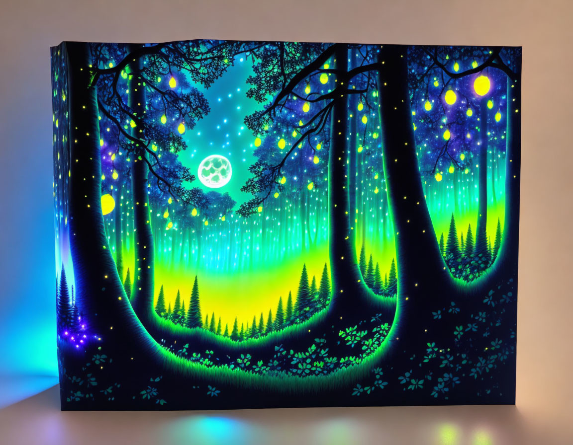 Luminous canvas painting of trees under starry sky